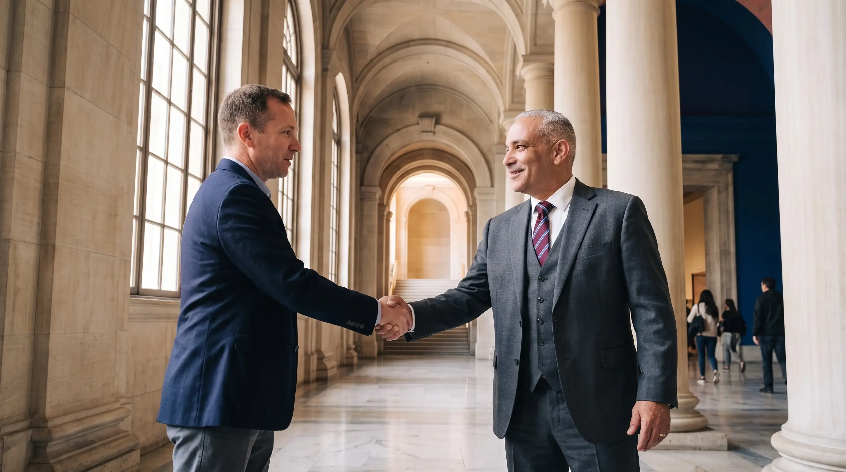 Robert Akouri with a client at the courthouse