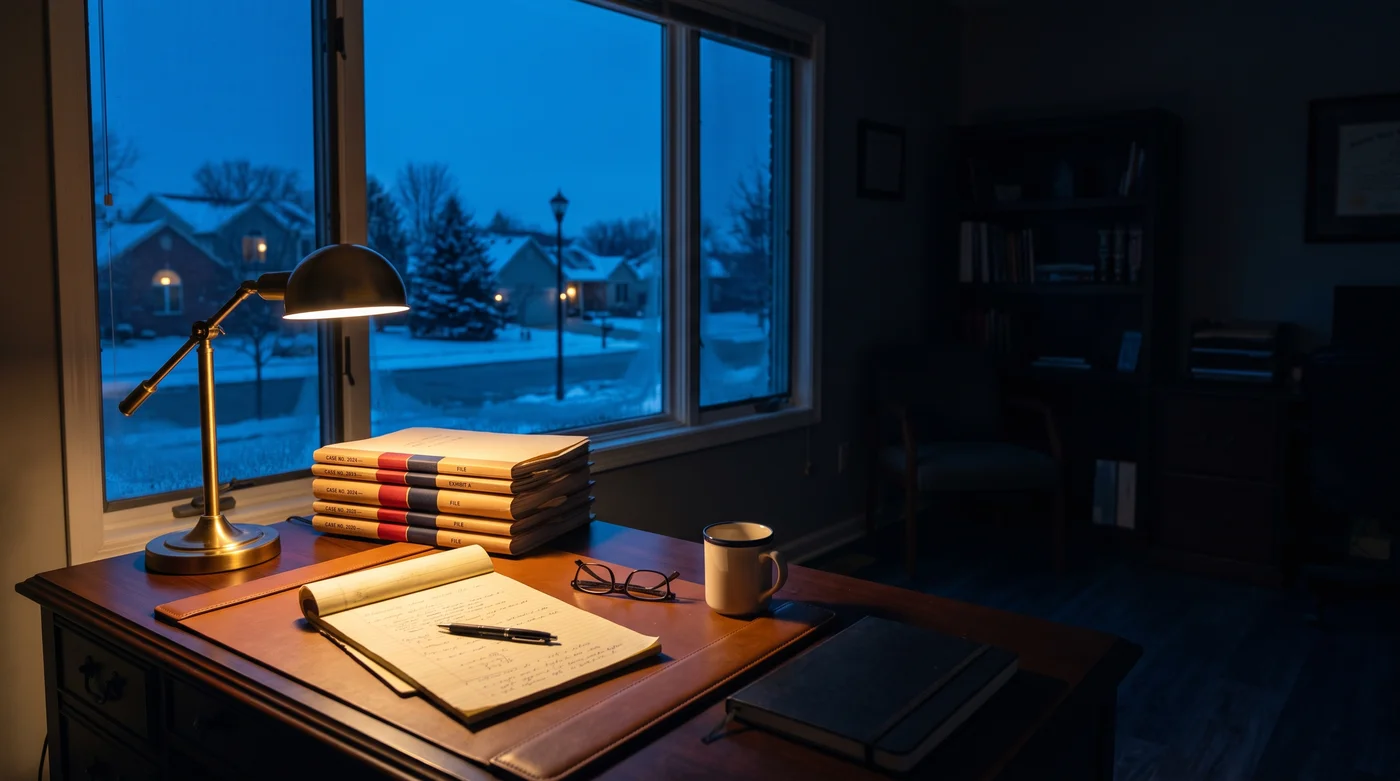 Quiet desk with case files, lit by a lamp at night