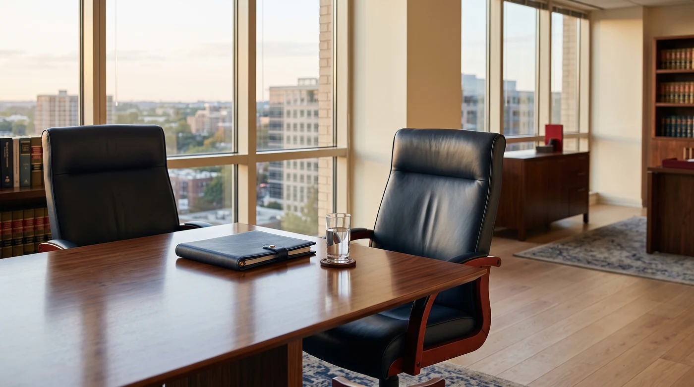 Two empty chairs at a conference table in a law office, no one present