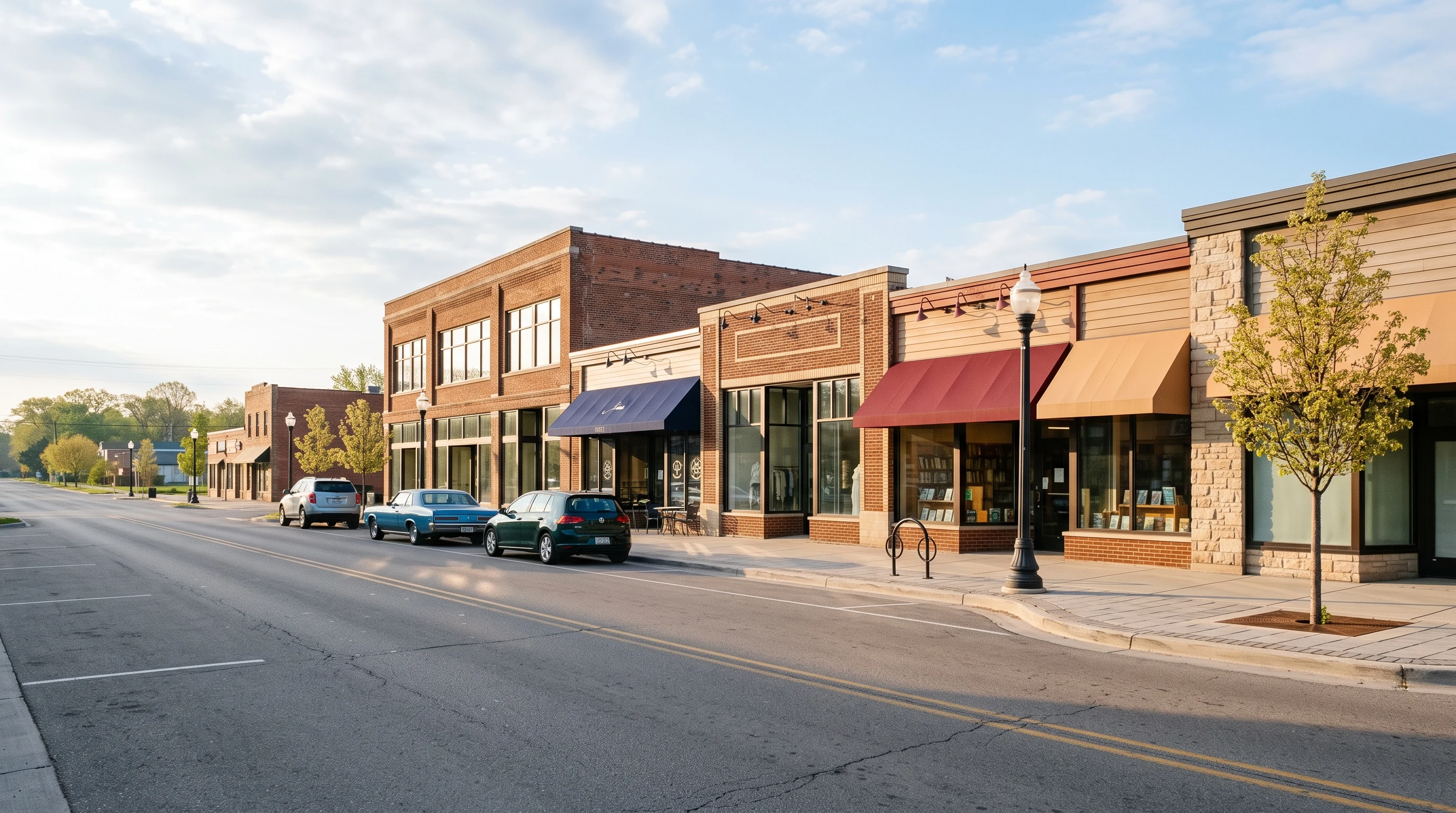 Metro Detroit commercial street storefronts in early morning light, no one present