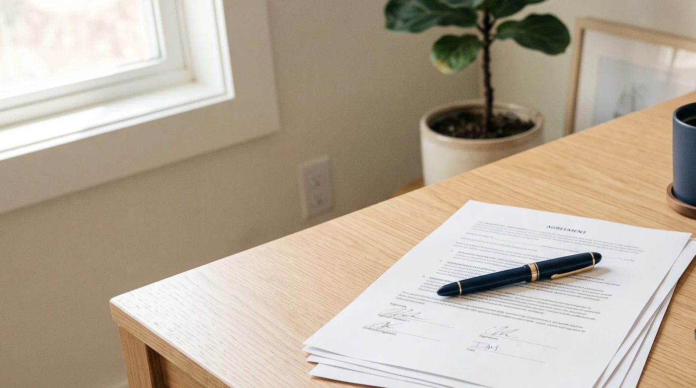 Signed multi-page agreement and pen on a clean desk, no one present