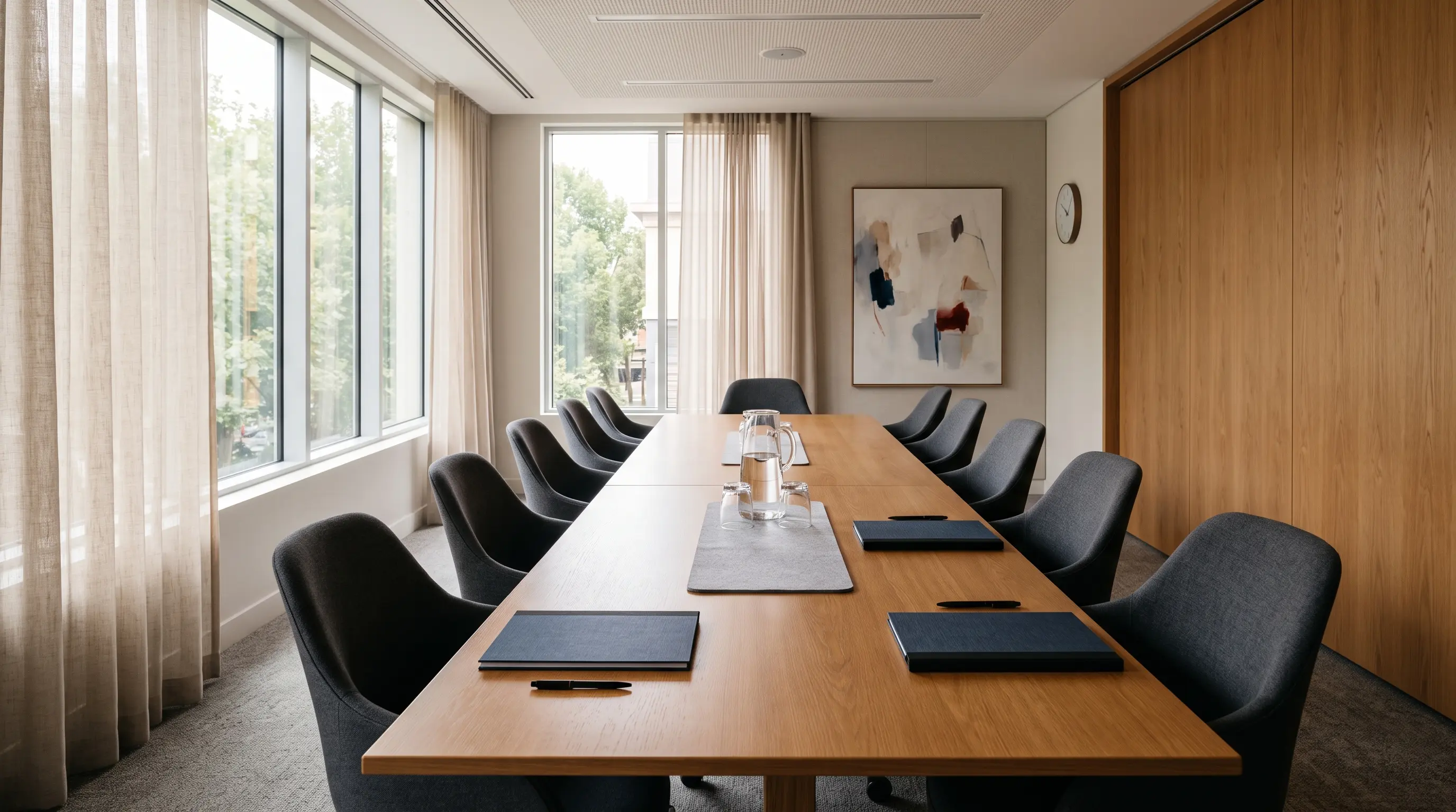 Empty modern conference room set for a meeting, no one present