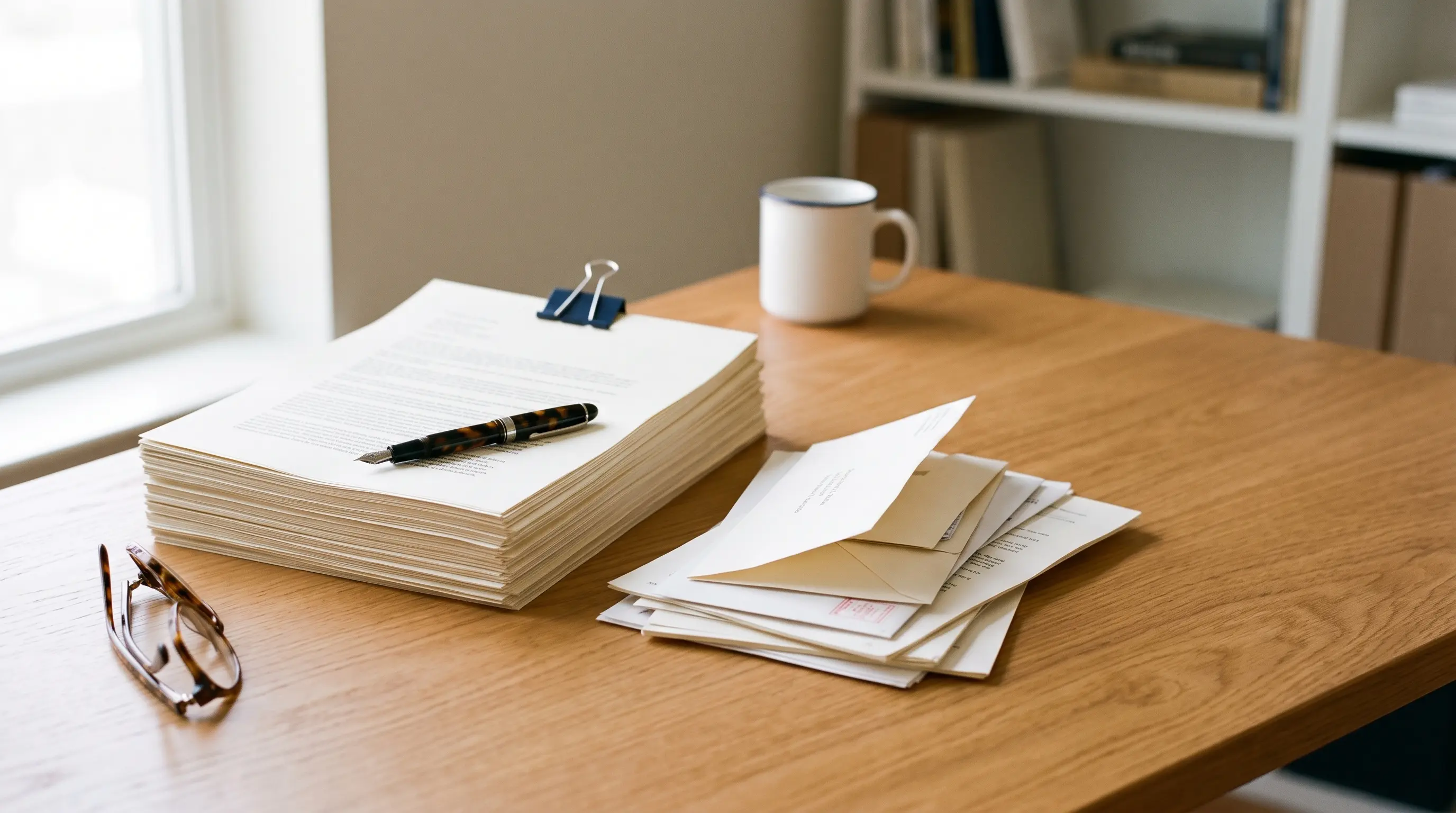 Desk with a stack of documents and correspondence, no readable text, no one present