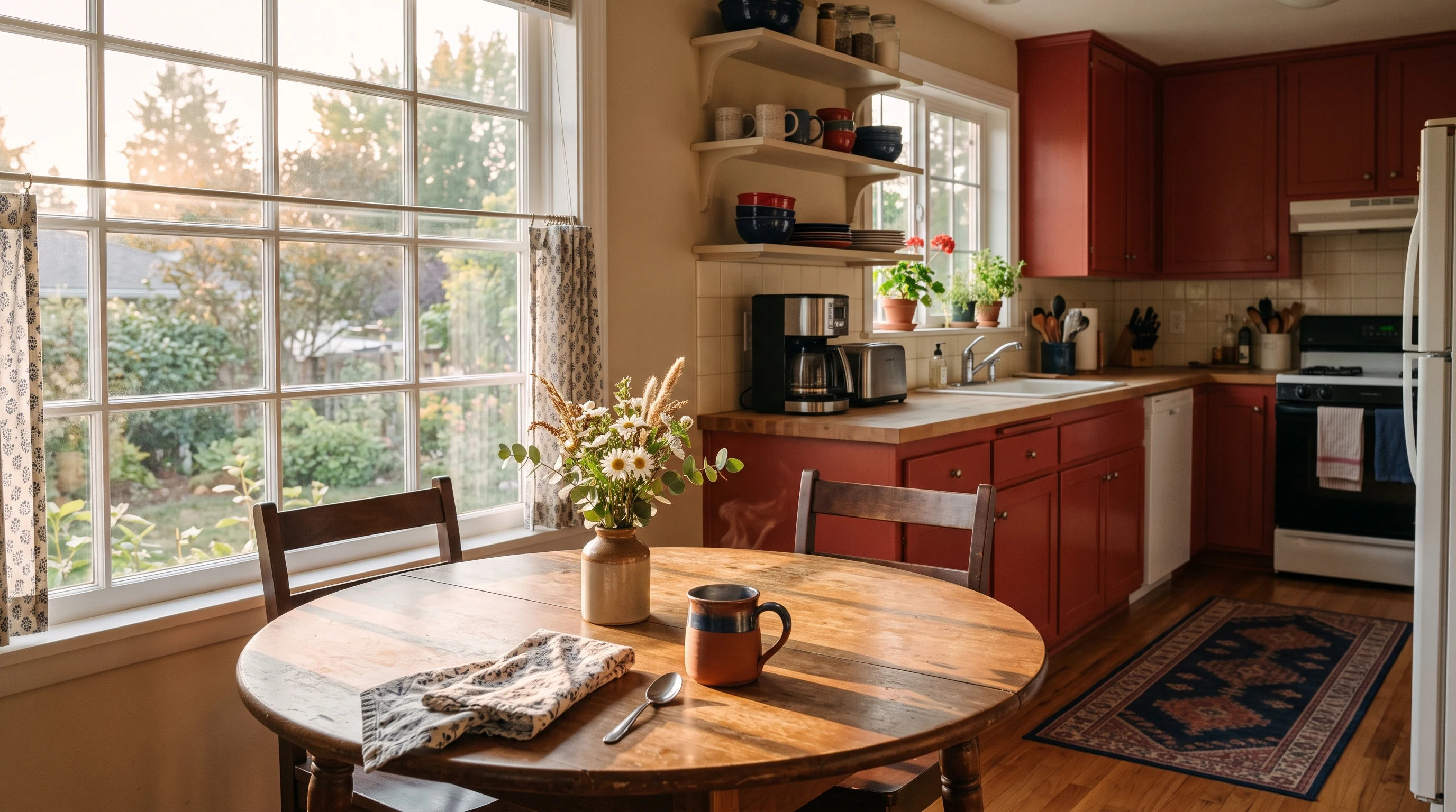Sunlit kitchen and dining area in an ordinary home, no one present