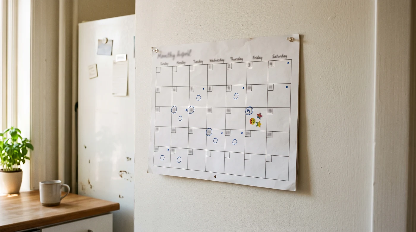 Wall calendar in an ordinary home kitchen, no one present