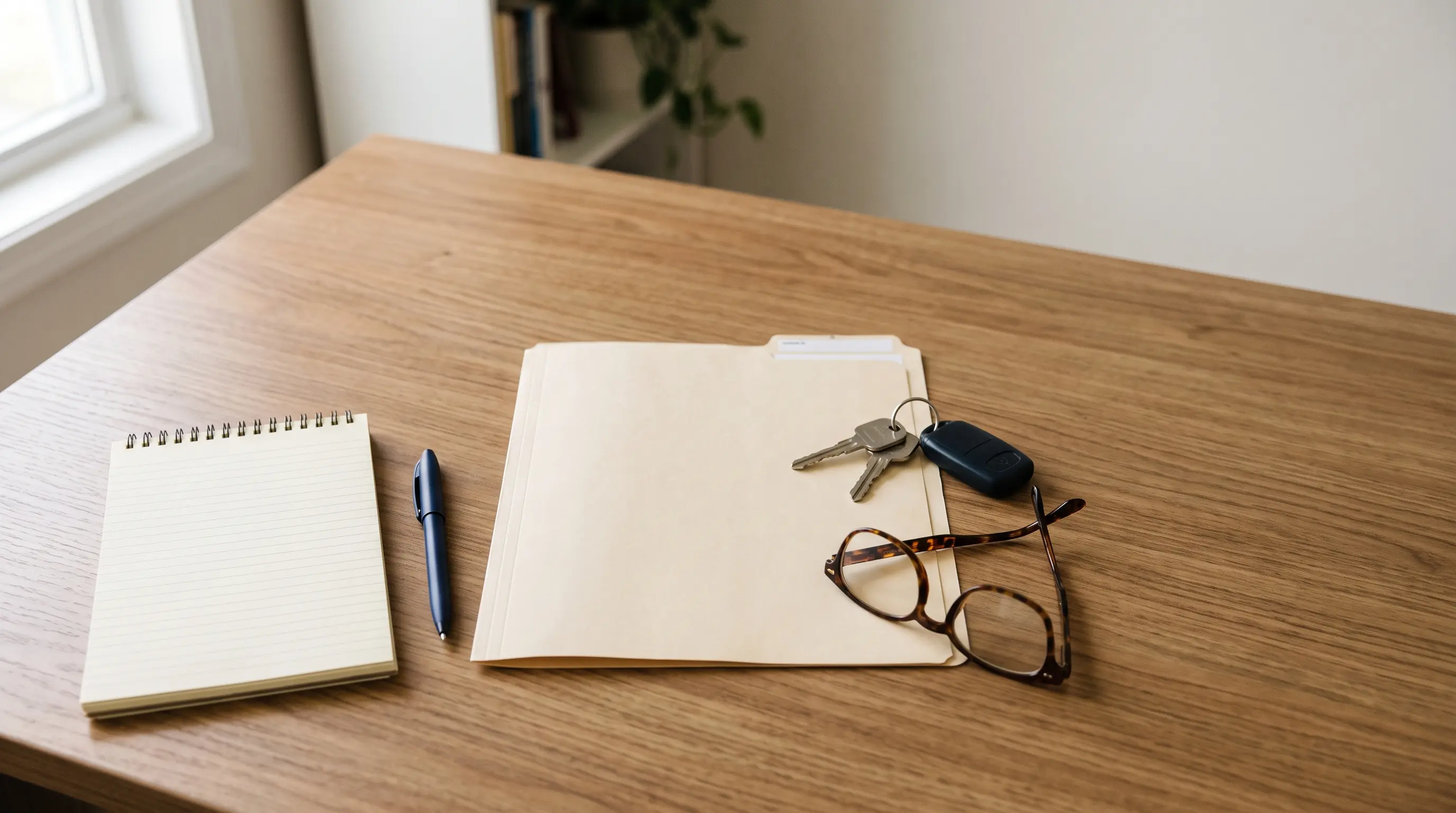 Closed claim file, car keys, and reading glasses on a clean desk, no one present