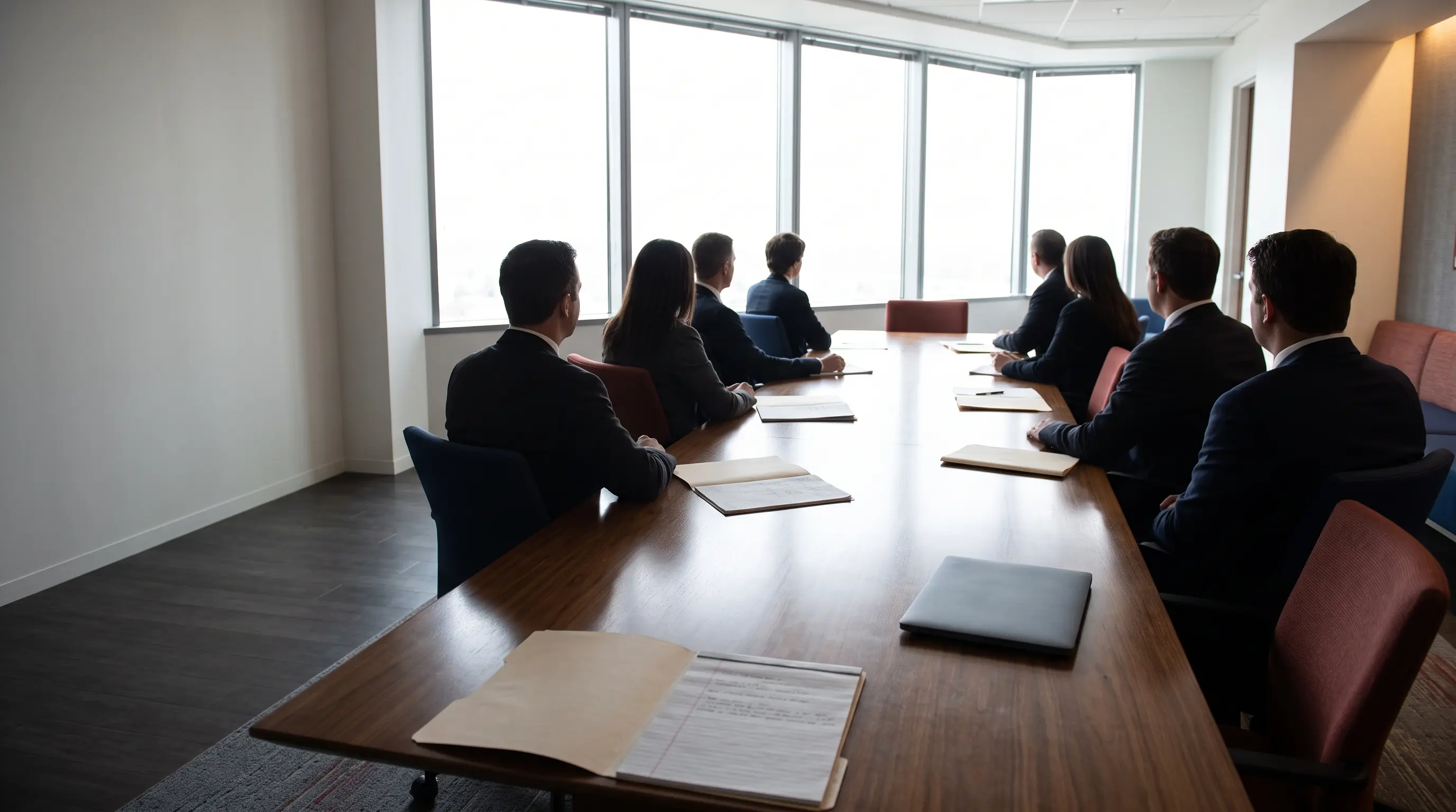 Anonymous professional figures at a conference table in a law office, mid-discussion