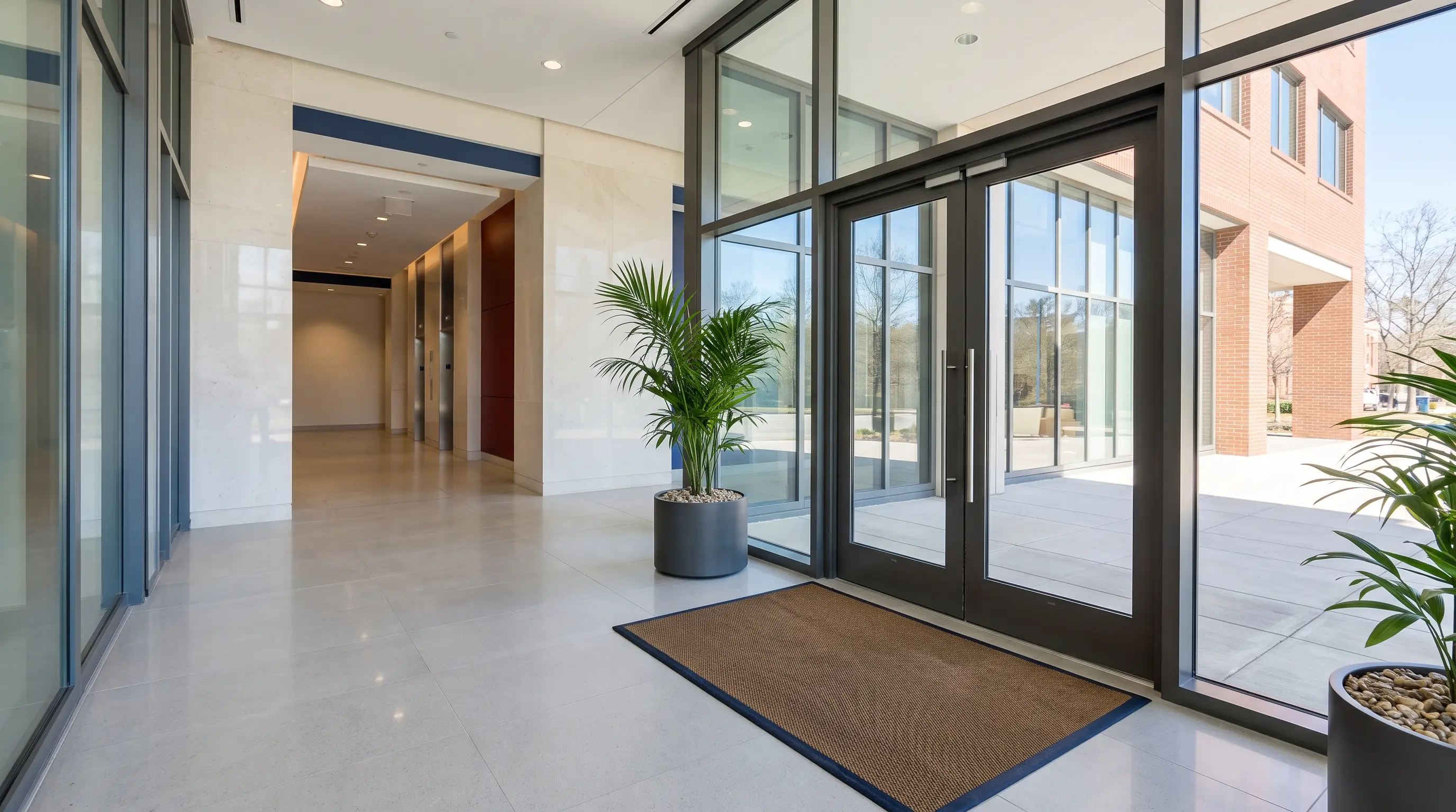Empty, well-maintained commercial building entryway in daylight, no one present
