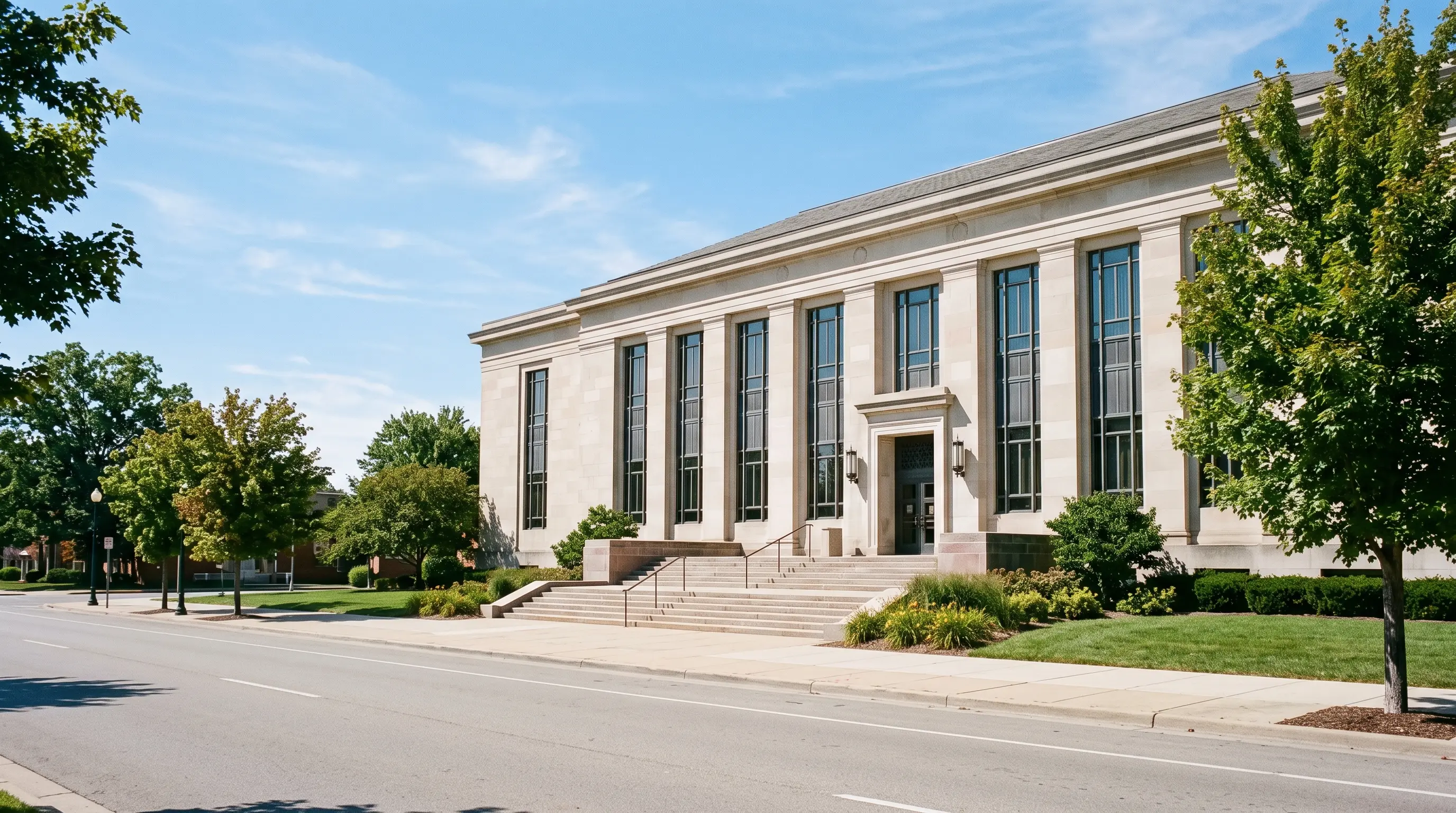Michigan county courthouse exterior in daylight, no one present