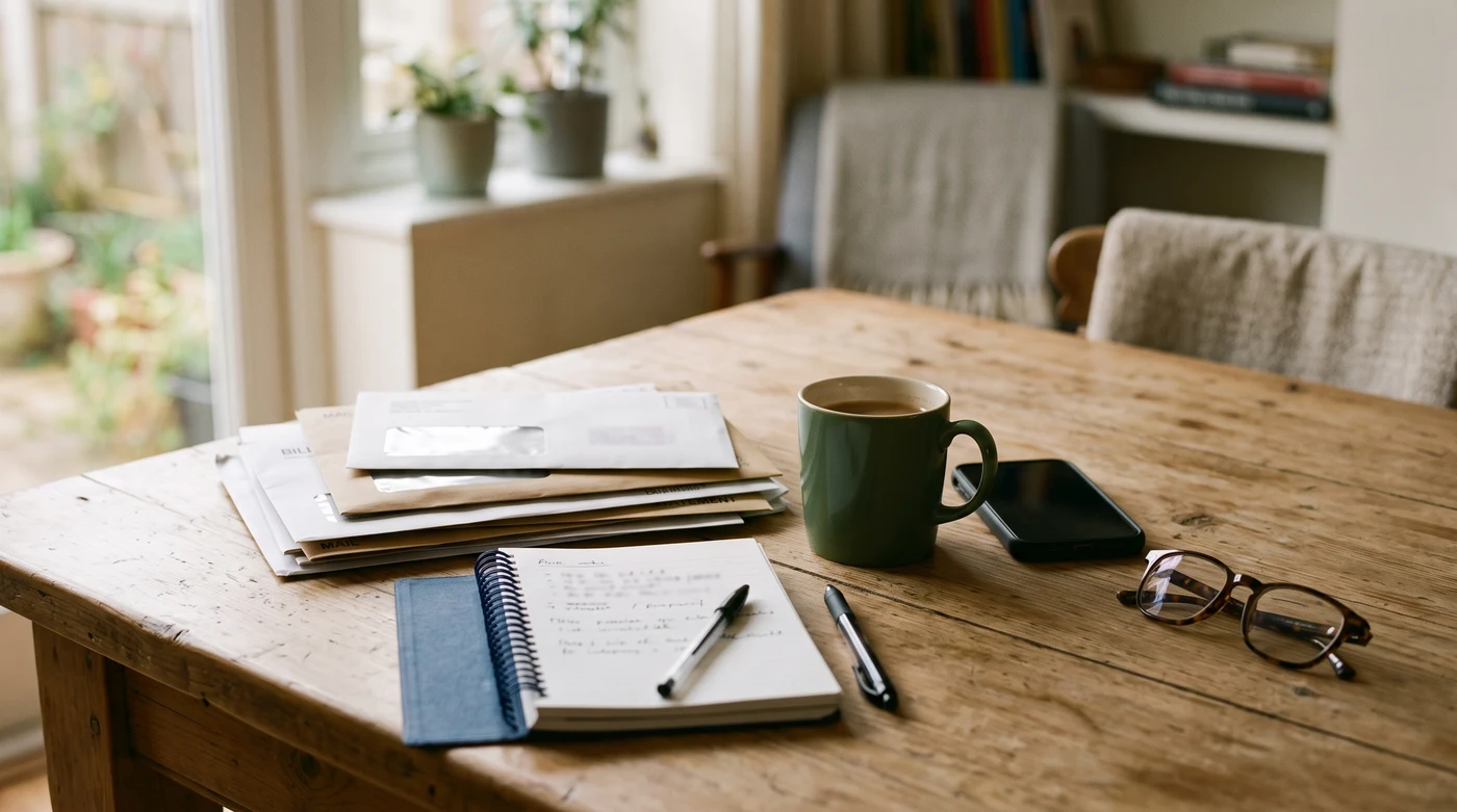 Home dining table with claim correspondence, a notebook, and a phone