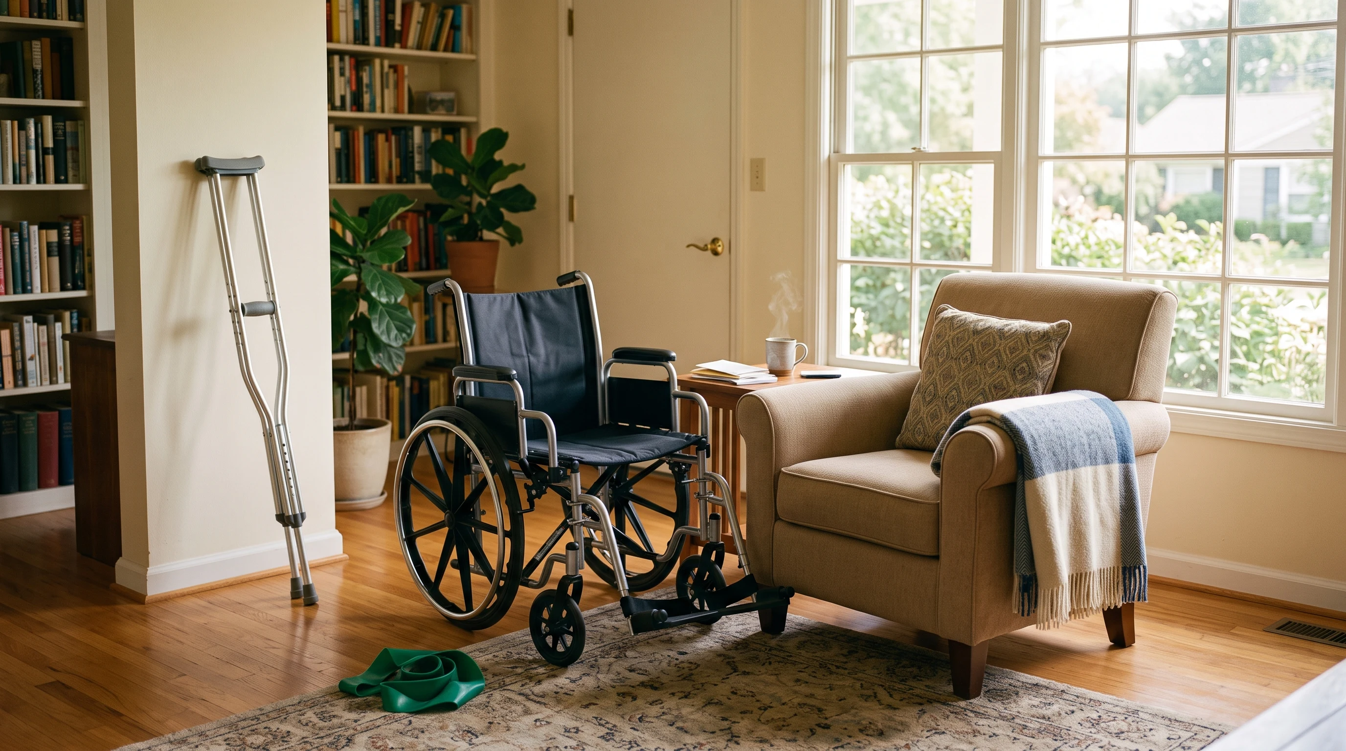Calm sunlit living room with a wheelchair beside an armchair by a window, no one present