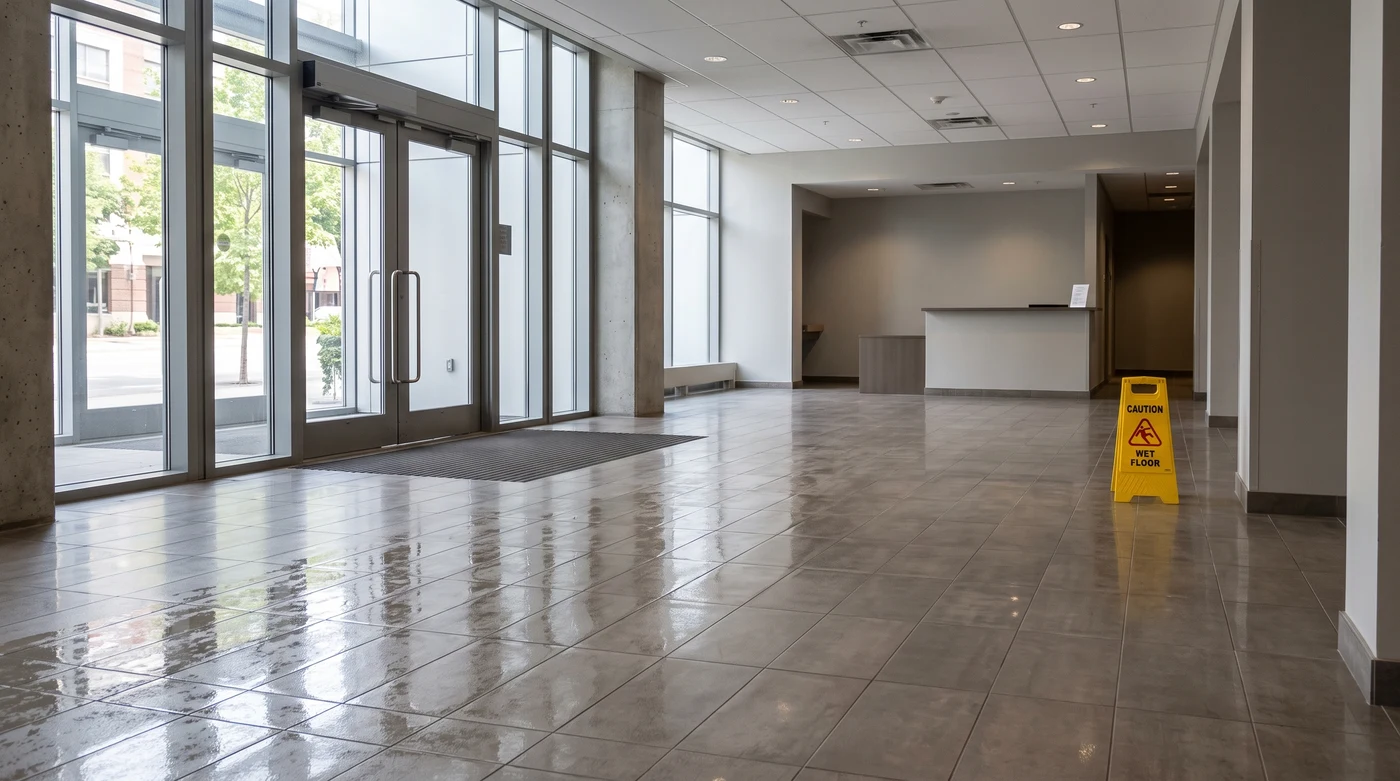 Commercial entryway with a wet floor and a caution cone set too far from the hazard