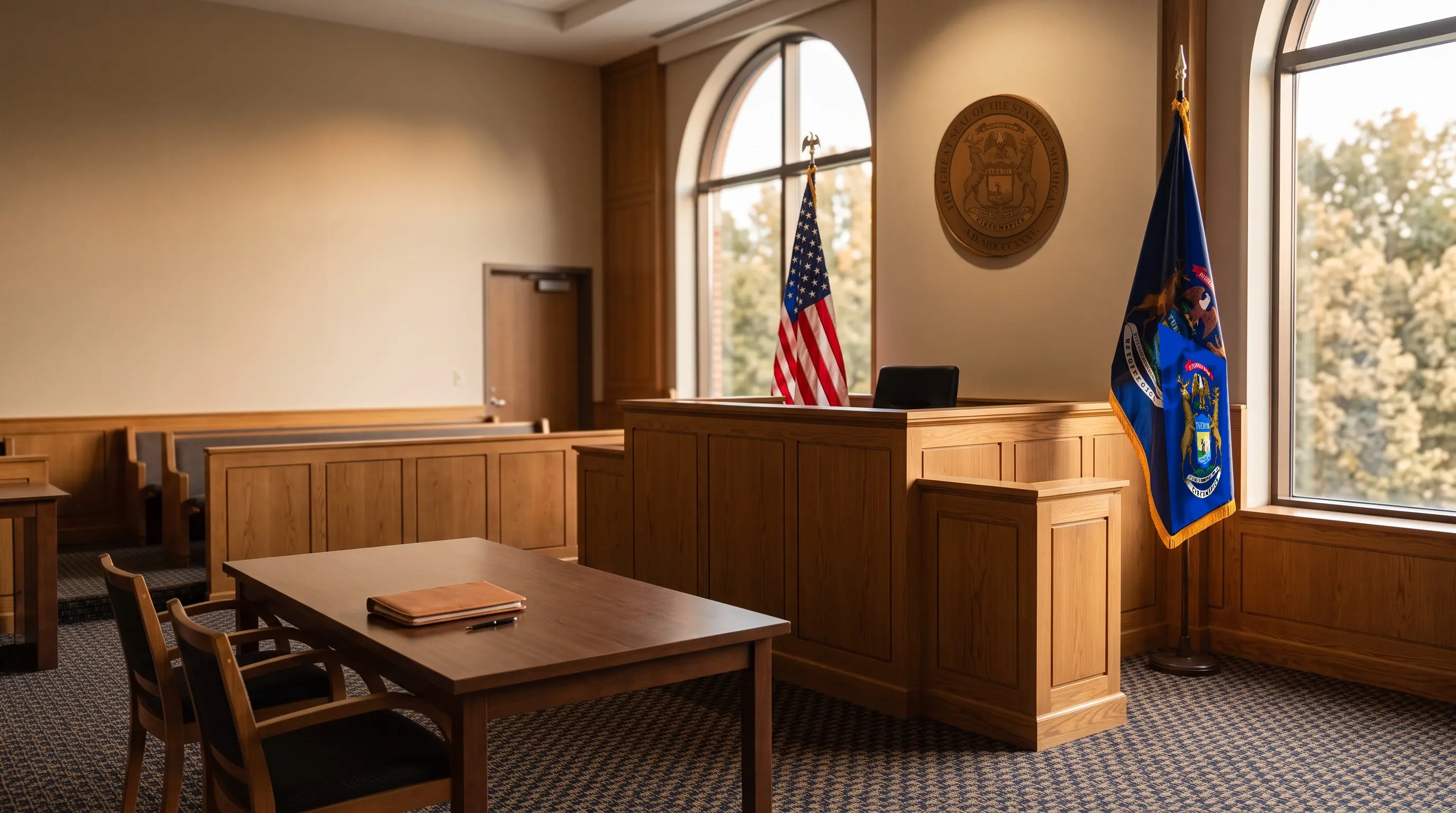 Empty Michigan courtroom with the Great Seal of the State of Michigan and the American and Michigan flags, no one present