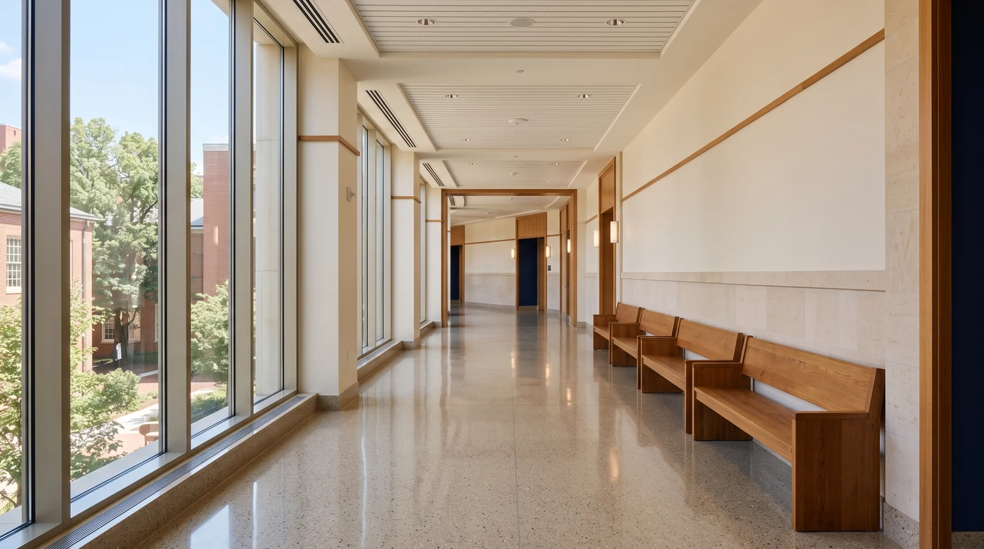 Quiet district courthouse corridor in daylight