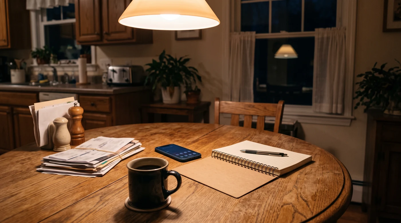 Kitchen table at night with a phone and a notepad