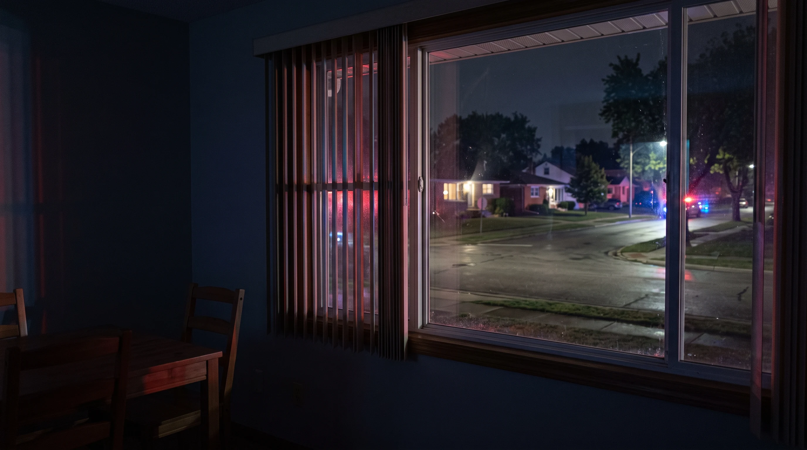 Red and blue emergency lights reflecting through a quiet window at night