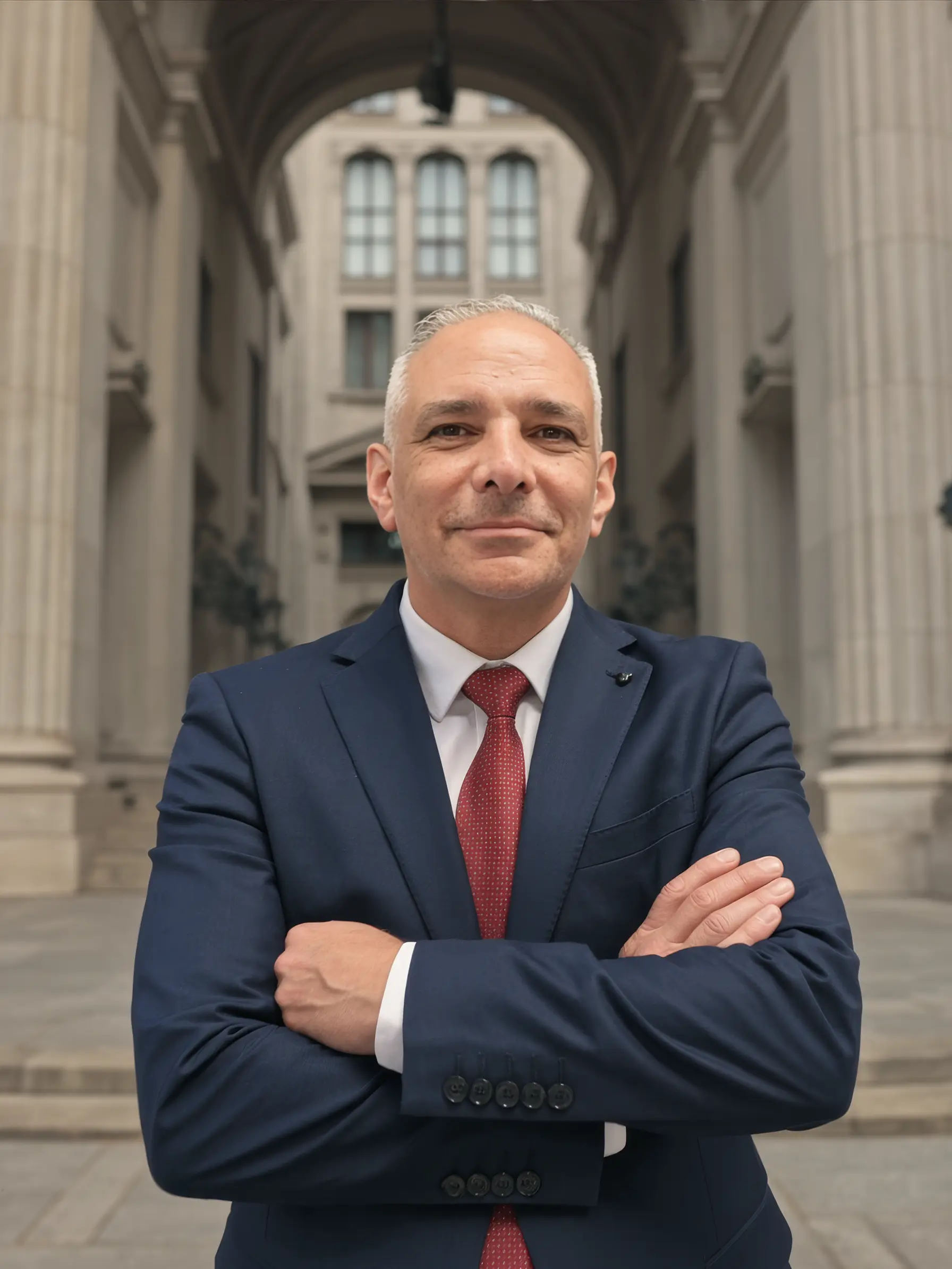 Robert Akouri standing among courthouse columns