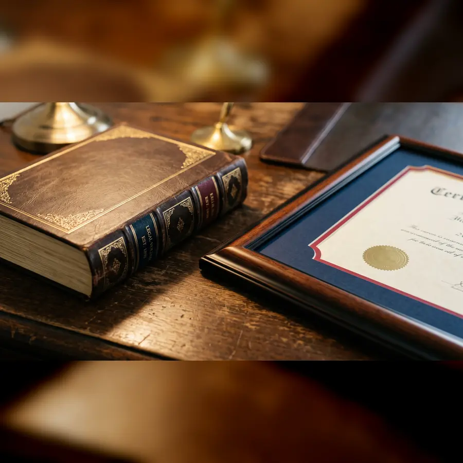 Framed Michigan bar admission certificate and leather-bound legal volumes on a desk
