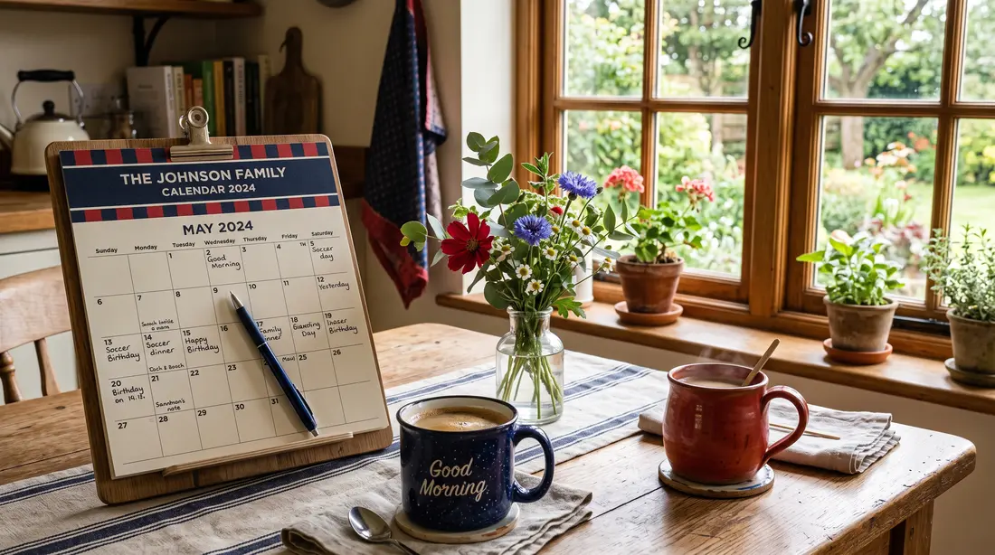 Family calendar and coffee at a kitchen table, representing Family Law